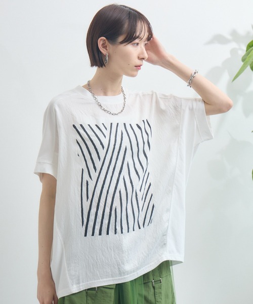 Paradise Picnic(パラダイスピクニック)の「異素材切替プリントTシャツ(Tシャツ/カットソー・レディース・ベージュ/ホワイト/ブラック・FREE)」の1枚目の写真