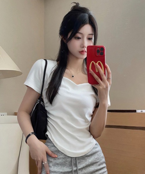 WESTSEA（ウエストシー）の「ハートネック 無地 半袖 トップス（Tシャツ/カットソー・レディース・チャコール/ベージュ/ホワイト・M/L）」の6枚目の写真