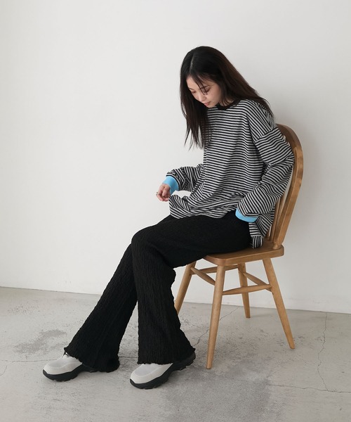 forksy.】＜エブリデイシリーズ＞シャーリング 裾メロー フレアパンツ