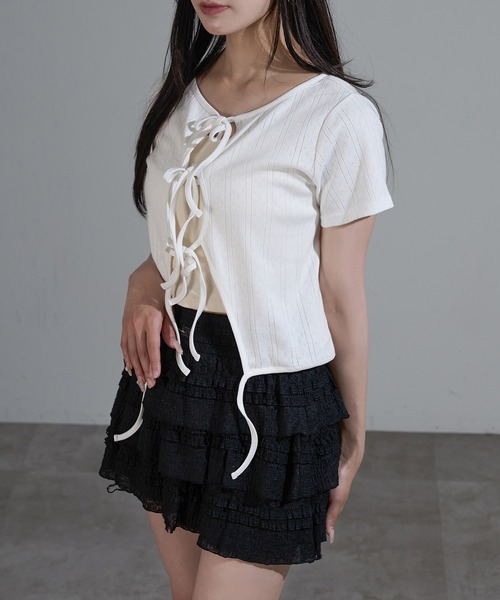 apres jour mignon(アプレジュールミニョン)の「フロントリボンクロップドトップス【ZOZOTOWN限定アイテム】(カーディガン/ボレロ・レディース・ブラウン系その他/ネイビー/オフホワイト・X-LARGE/フリー)」の5枚目の写真