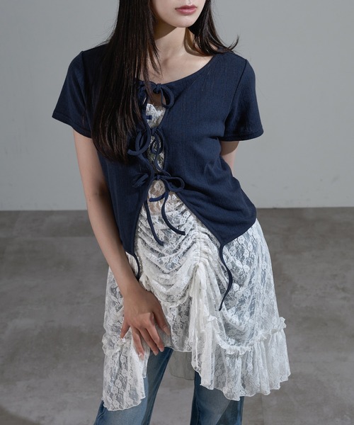apres jour mignon(アプレジュールミニョン)の「フロントリボンクロップドトップス【ZOZOTOWN限定アイテム】(カーディガン/ボレロ・レディース・ブラウン系その他/ネイビー/オフホワイト・X-LARGE/フリー)」の12枚目の写真