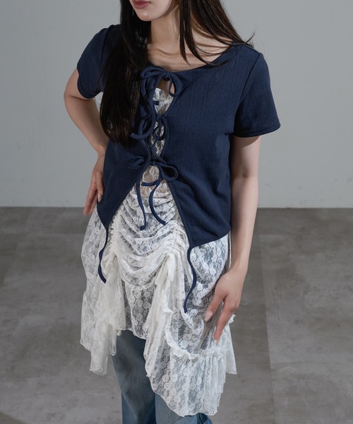apres jour mignon(アプレジュールミニョン)の「フロントリボンクロップドトップス【ZOZOTOWN限定アイテム】(カーディガン/ボレロ・レディース・ブラウン系その他/ネイビー/オフホワイト・X-LARGE/フリー)」の13枚目の写真