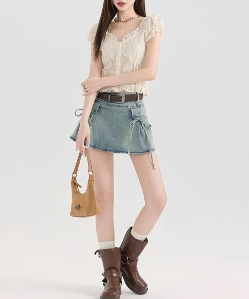 ★Karen Millen★ストライプデニムベルトディテールミニスカート Lace Ladies デニムスカート ウエストベルト デニム プリーツ
