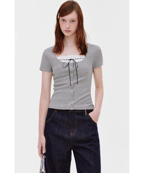 tシャツ 花柄レースリボン ドッキング半袖トップス FX25S298「Fano Studios」「2025SS」 レディース メンズ Fano Studios】Girls logo T-shirt FX22S026-ファッション通販