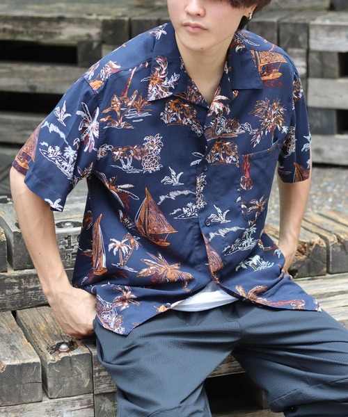 Salong hameu(サロン ハミュー)の「レーヨンアロハシャツ メンズ レディース ユニセックス/無地・花柄・和柄・総柄 半袖(シャツ/ブラウス・メンズ・ネイビー系/ブラック系その他/ネイビー系2/ブラック系その他3/ホワイト系その他2/ブラック/ブルー系その他2/ブラック系その他2/ネイビー系3/ブルー系その他3/ネイビー系4/ブラウン系その他/ホワイト系その他/ネイビー系1/ブラック系その他4/ブルー系その他/オレンジ/グリーン系その他/グリーン系その他2・S/M/L/LL)」の16枚目の写真