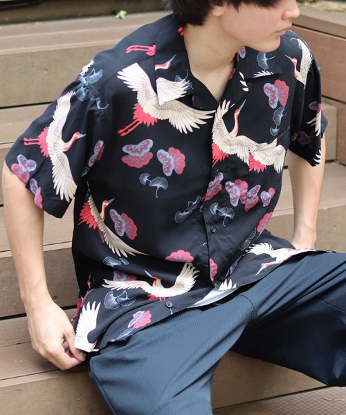 Salong hameu(サロン ハミュー)の「レーヨンアロハシャツ メンズ レディース ユニセックス/無地・花柄・和柄・総柄 半袖(シャツ/ブラウス・メンズ・ネイビー系/ブラック系その他/ネイビー系2/ブラック系その他3/ホワイト系その他2/ブラック/ブルー系その他2/ブラック系その他2/ネイビー系3/ブルー系その他3/ネイビー系4/ブラウン系その他/ホワイト系その他/ネイビー系1/ブラック系その他4/ブルー系その他/オレンジ/グリーン系その他/グリーン系その他2・S/M/L/LL)」の8枚目の写真