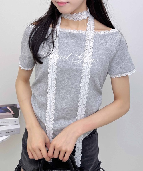 INGNI(イング)の「レースチョーカー付リブトップス(Tシャツ/カットソー・レディース・ブラック/オフホワイト/グレー・M)」の1枚目の写真