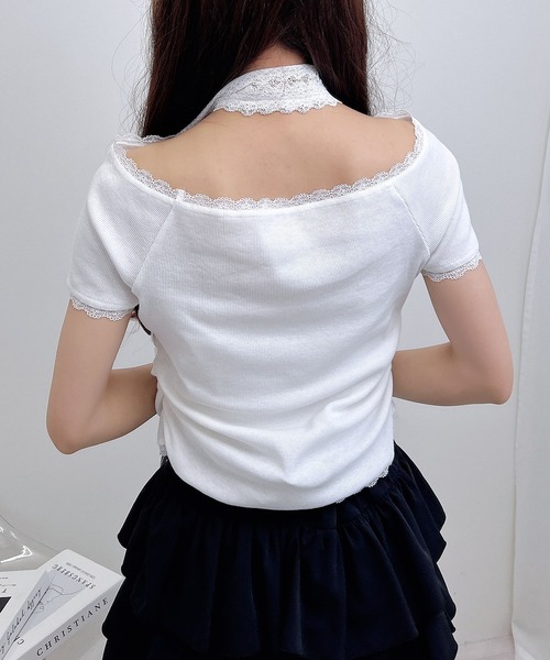 INGNI(イング)の「レースチョーカー付リブトップス(Tシャツ/カットソー・レディース・ブラック/オフホワイト/グレー・M)」の6枚目の写真
