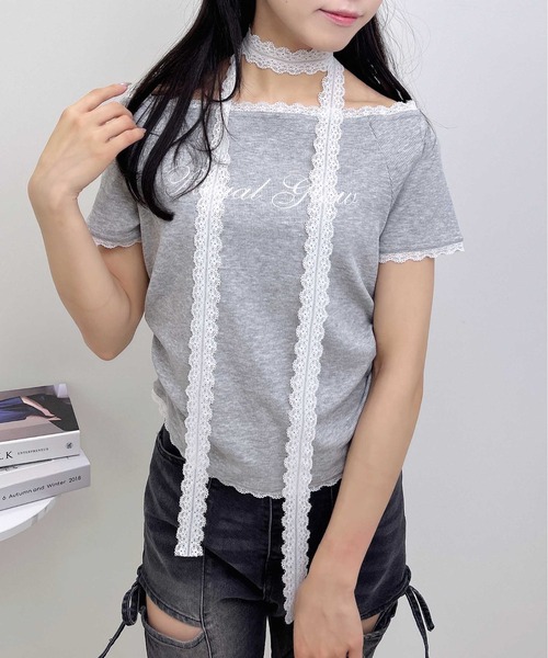 INGNI(イング)の「レースチョーカー付リブトップス(Tシャツ/カットソー・レディース・ブラック/オフホワイト/グレー・M)」の18枚目の写真