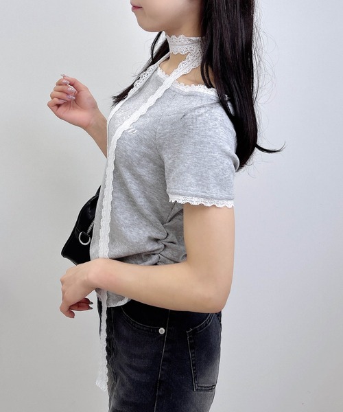 INGNI(イング)の「レースチョーカー付リブトップス(Tシャツ/カットソー・レディース・ブラック/オフホワイト/グレー・M)」の20枚目の写真