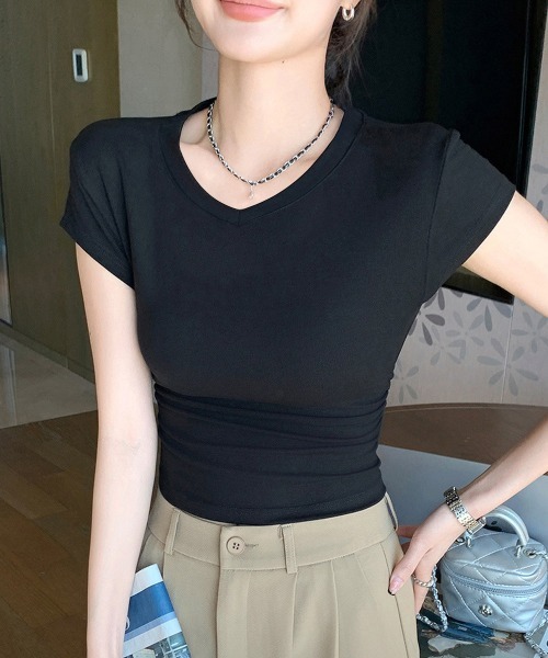 Miniministore（ミニミニストア）の「サイドギャザーtシャツ半袖トップス韓国風（Tシャツ/カットソー・レディース・ホワイト/ブラック/グレー/ブラウン・FREE）」の15枚目の写真