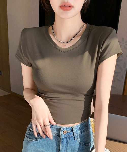 Miniministore（ミニミニストア）の「サイドギャザーtシャツ半袖トップス韓国風（Tシャツ/カットソー・レディース・ホワイト/ブラック/グレー/ブラウン・FREE）」の6枚目の写真