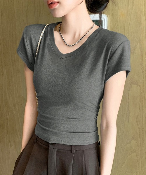 Miniministore（ミニミニストア）の「サイドギャザーtシャツ半袖トップス韓国風（Tシャツ/カットソー・レディース・ホワイト/ブラック/グレー/ブラウン・FREE）」の5枚目の写真