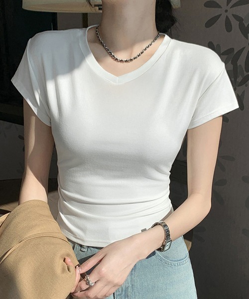 Miniministore（ミニミニストア）の「サイドギャザーtシャツ半袖トップス韓国風（Tシャツ/カットソー・レディース・ホワイト/ブラック/グレー/ブラウン・FREE）」の17枚目の写真