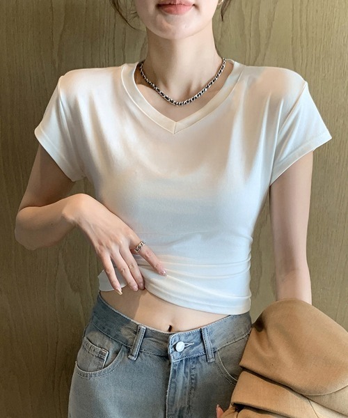 Miniministore（ミニミニストア）の「サイドギャザーtシャツ半袖トップス韓国風（Tシャツ/カットソー・レディース・ホワイト/ブラック/グレー/ブラウン・FREE）」の19枚目の写真