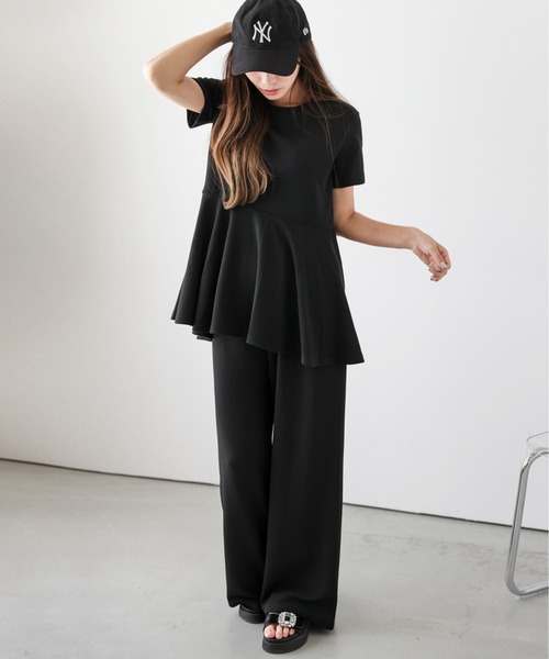 セール】エンボス ペプラムトップス＋ワイドパンツ セットアップ