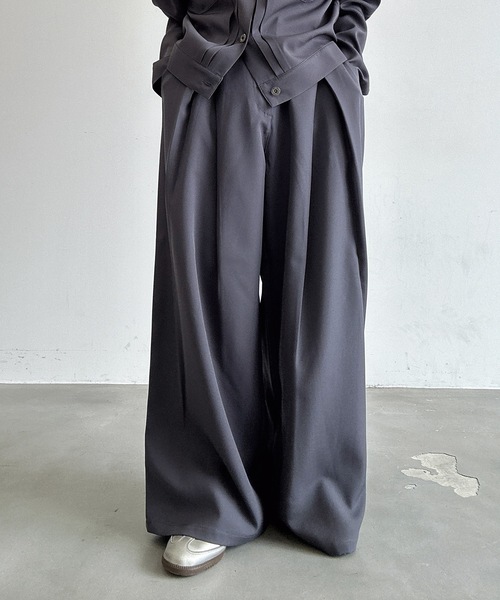 MandO ストライプワイドパンツ 黒 MandO（nemne store） スラックス 「MandO」アソートワンタック