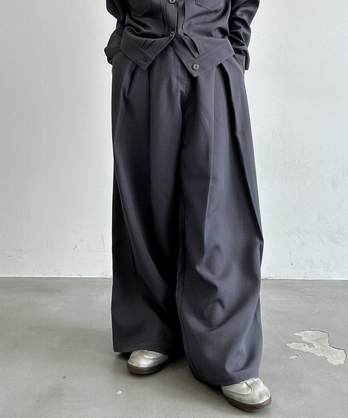 クロスタックバギーワイドスラックス/ストライプ&無地/セットアップ