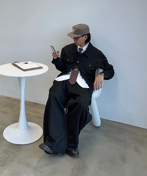 MandO（Auntie Rosa）（エムオー）の「クロスタックバギーワイドスラックス/ストライプ&無地/セットアップ着用可（スラックス・メンズ・ブラウン/ブラック系その他/ブラック/グレー系その他・MEDIUM/SMALL/LARGE）」の14枚目の写真