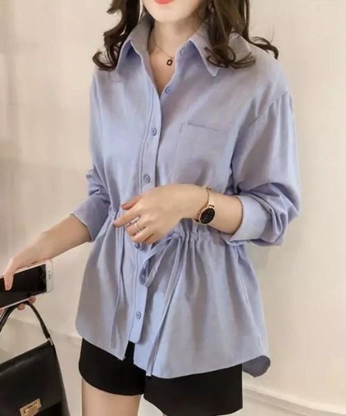 cammie(キャミー)の「ドローストリングオーバーサイズシャツ(シャツ/ブラウス・レディース・サックスブルー/グレー・MEDIUM/LARGE)」の1枚目の写真