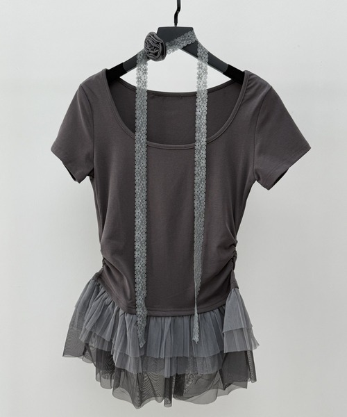VEILA(ヴェイラ)の「チュールフリルドッキング リボントップス(Tシャツ/カットソー・レディース・グレー・フリー)」の7枚目の写真