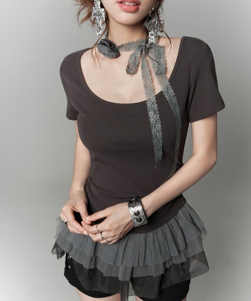 VEILA(ヴェイラ)の「チュールフリルドッキング リボントップス(Tシャツ/カットソー・レディース・グレー・フリー)」の12枚目の写真