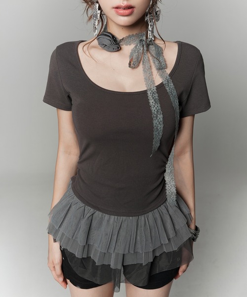 VEILA(ヴェイラ)の「チュールフリルドッキング リボントップス(Tシャツ/カットソー・レディース・グレー・フリー)」の13枚目の写真