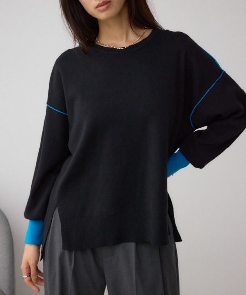 AZUL by moussy（アズールバイマウジー）の「バイカラーカフニット（ニット/セーター・レディース・杢グレー/アイボリー/ブラック・FREE）」の2枚目の写真