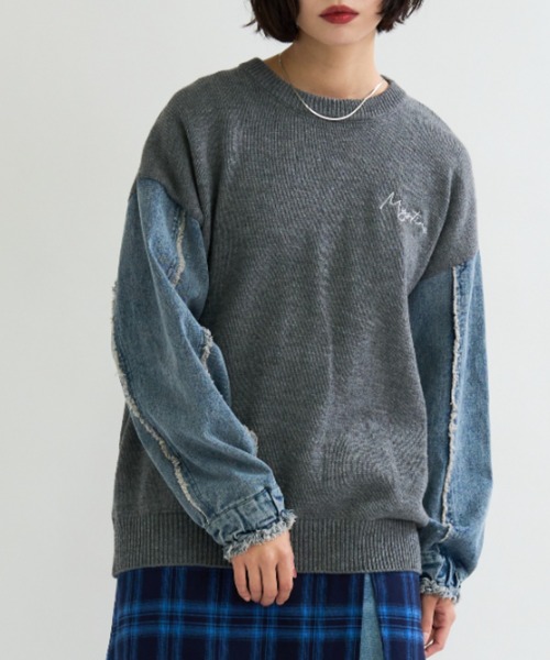 セール】さりげない刺繍が魅力！袖デニム切替ニットプルオーバー
