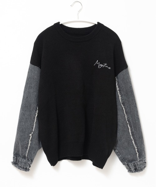 A.D.C.L.（エーディーシーエル）の「刺繍ロゴ入り 袖デニム切替 ニットプルオーバー（ニット/セーター・レディース・ブラック/チャコールグレー・M/L）」の2枚目の写真