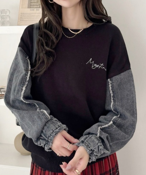 A.D.C.L.（エーディーシーエル）の「刺繍ロゴ入り 袖デニム切替 ニットプルオーバー（ニット/セーター・レディース・ブラック/チャコールグレー・M/L）」の14枚目の写真