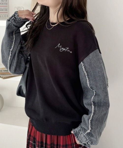 A.D.C.L.（エーディーシーエル）の「刺繍ロゴ入り 袖デニム切替 ニットプルオーバー（ニット/セーター・レディース・ブラック/チャコールグレー・M/L）」の3枚目の写真