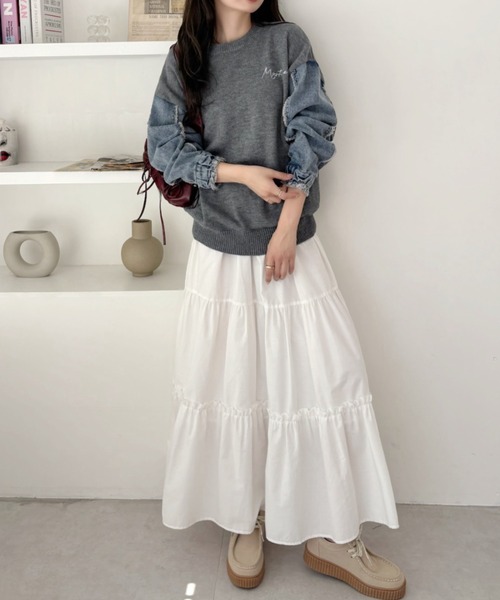 A.D.C.L.（エーディーシーエル）の「刺繍ロゴ入り 袖デニム切替 ニットプルオーバー（ニット/セーター・レディース・ブラック/チャコールグレー・M/L）」の9枚目の写真