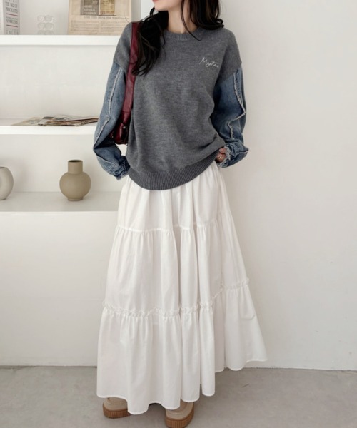 A.D.C.L.（エーディーシーエル）の「刺繍ロゴ入り 袖デニム切替 ニットプルオーバー（ニット/セーター・レディース・ブラック/チャコールグレー・M/L）」の10枚目の写真