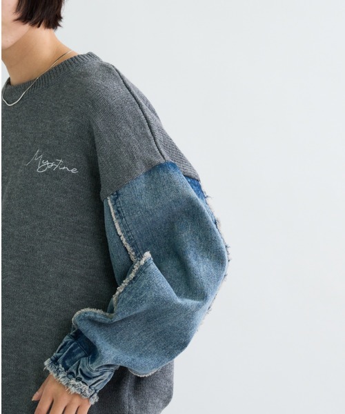 A.D.C.L.(エーディーシーエル)の「刺繍ロゴ入り 袖デニム切替 ニットプルオーバー(ニット/セーター・レディース・ブラック/チャコールグレー・M/L)」の14枚目の写真