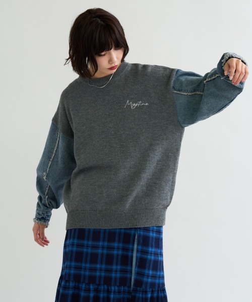 A.D.C.L.（エーディーシーエル）の「刺繍ロゴ入り 袖デニム切替 ニットプルオーバー（ニット/セーター・レディース・ブラック/チャコールグレー・M/L）」の16枚目の写真