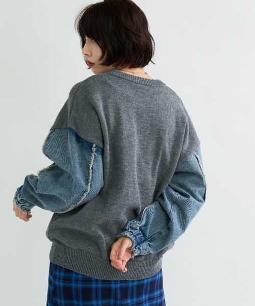 A.D.C.L.（エーディーシーエル）の「刺繍ロゴ入り 袖デニム切替 ニットプルオーバー（ニット/セーター・レディース・ブラック/チャコールグレー・M/L）」の17枚目の写真