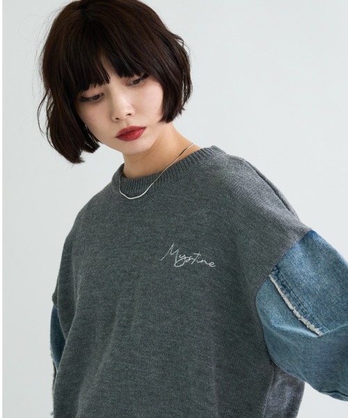 A.D.C.L.(エーディーシーエル)の「刺繍ロゴ入り 袖デニム切替 ニットプルオーバー(ニット/セーター・レディース・ブラック/チャコールグレー・M/L)」の13枚目の写真