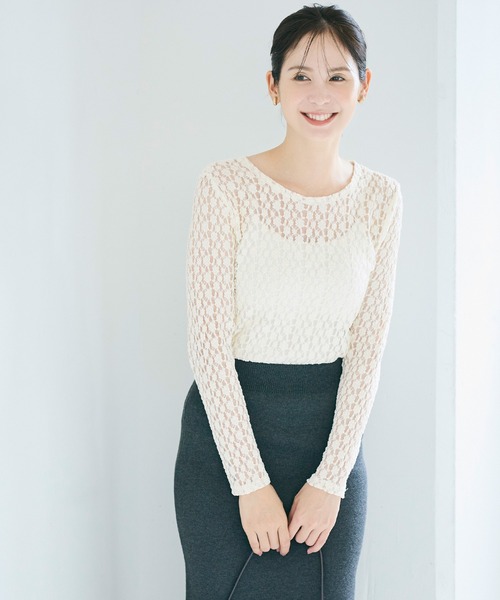 coca(coca)(コカ)の「ストレッチレーストップス(Tシャツ/カットソー・レディース・アイボリー/ダークブラウン・S/L/M)」の7枚目の写真