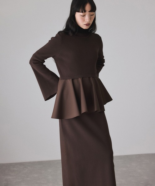 サステナブル】ペプラムコンビニットワンピース/オケージョン対応