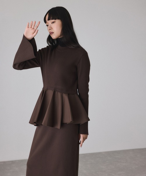 アダムエロペ　ペプラムコンビニットワンピース　ブラウン　新品 サステナブル】ペプラムコンビニットワンピース/オケージョン