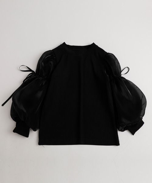URBAN CHERRY（アーバンチェリー）の「シアーパフスリーブリボンリブトップス（Tシャツ/カットソー・キッズ・アイボリー/ブラック・110cm/120cm/130cm/140cm）」の10枚目の写真