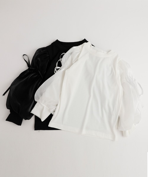 URBAN CHERRY（アーバンチェリー）の「シアーパフスリーブリボンリブトップス（Tシャツ/カットソー・キッズ・アイボリー/ブラック・110cm/120cm/130cm/140cm）」の7枚目の写真