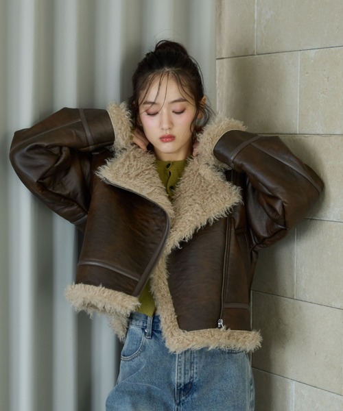 セール】フェイクレザーショートムートンジャケット（ムートンコート