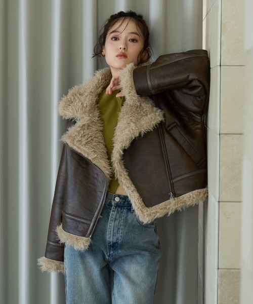 セール】フェイクレザーショートムートンジャケット（ムートンコート