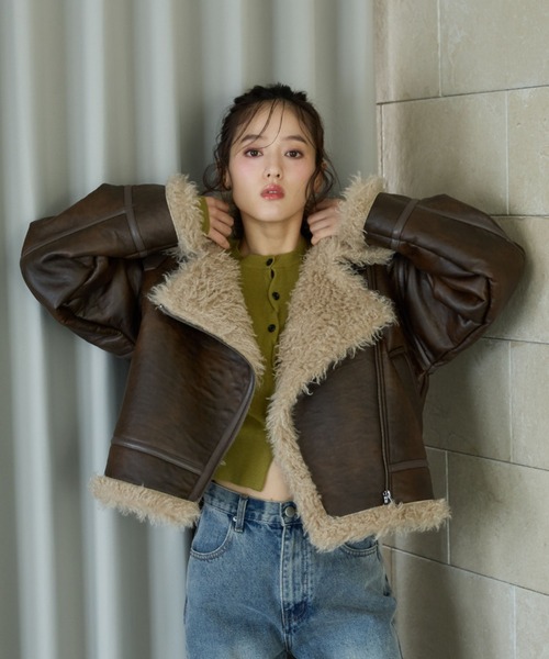 セール】フェイクレザーショートムートンジャケット（ムートンコート