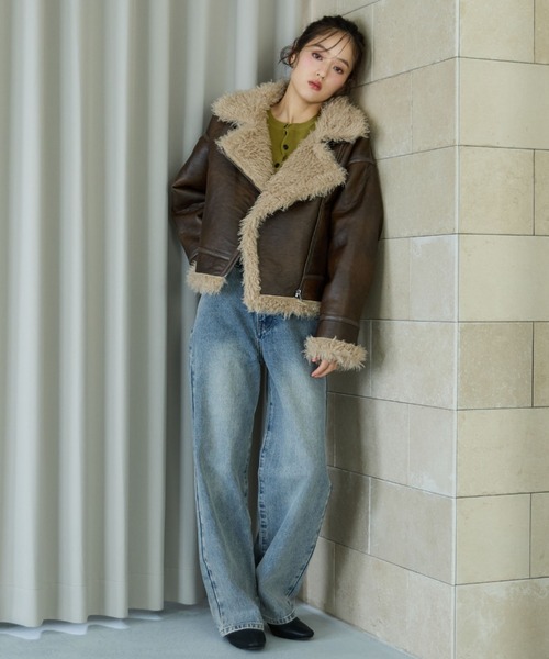 セール】フェイクレザーショートムートンジャケット（ムートンコート