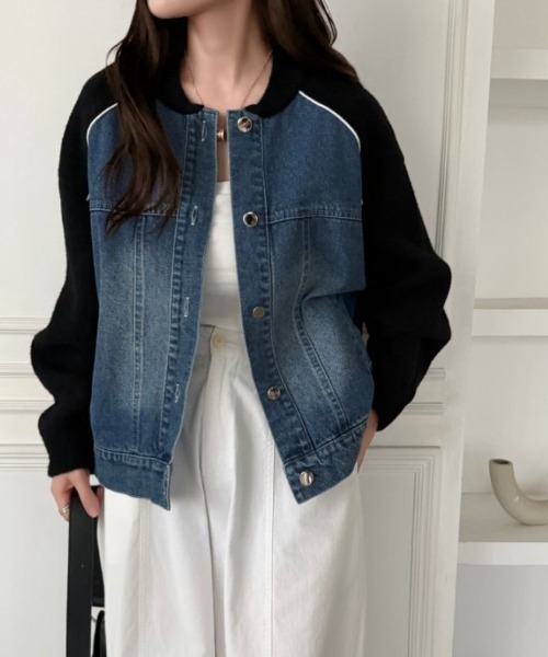 ABITOKYO(アビトーキョー)の「配色ラインデニムドッキングブルゾン(テーラードジャケット・レディース・ブラック/アイボリー/ベージュ・FREE)」の2枚目の写真