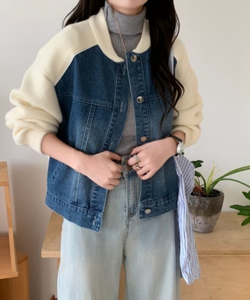 ABITOKYO(アビトーキョー)の「配色ラインデニムドッキングブルゾン(テーラードジャケット・レディース・ブラック/アイボリー/ベージュ・FREE)」の9枚目の写真
