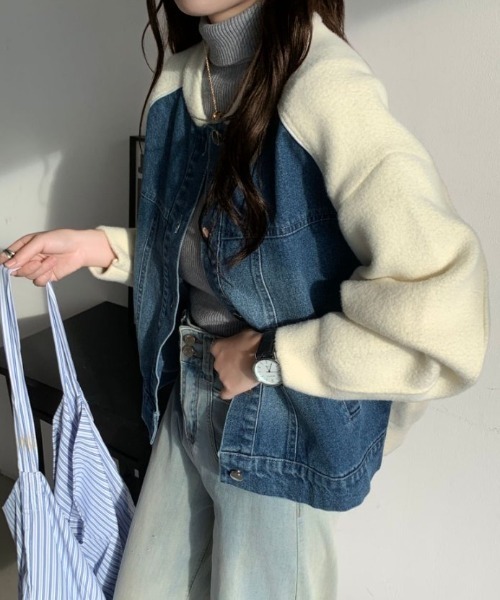 ABITOKYO(アビトーキョー)の「配色ラインデニムドッキングブルゾン(テーラードジャケット・レディース・ブラック/アイボリー/ベージュ・FREE)」の5枚目の写真